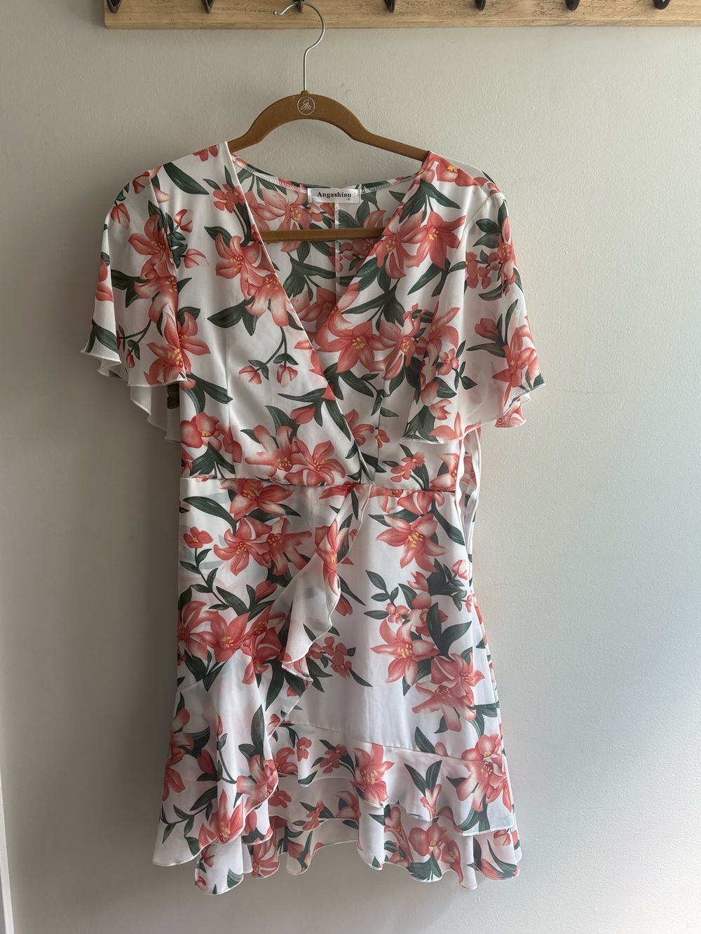 Coral Floral Wrap Dress in White